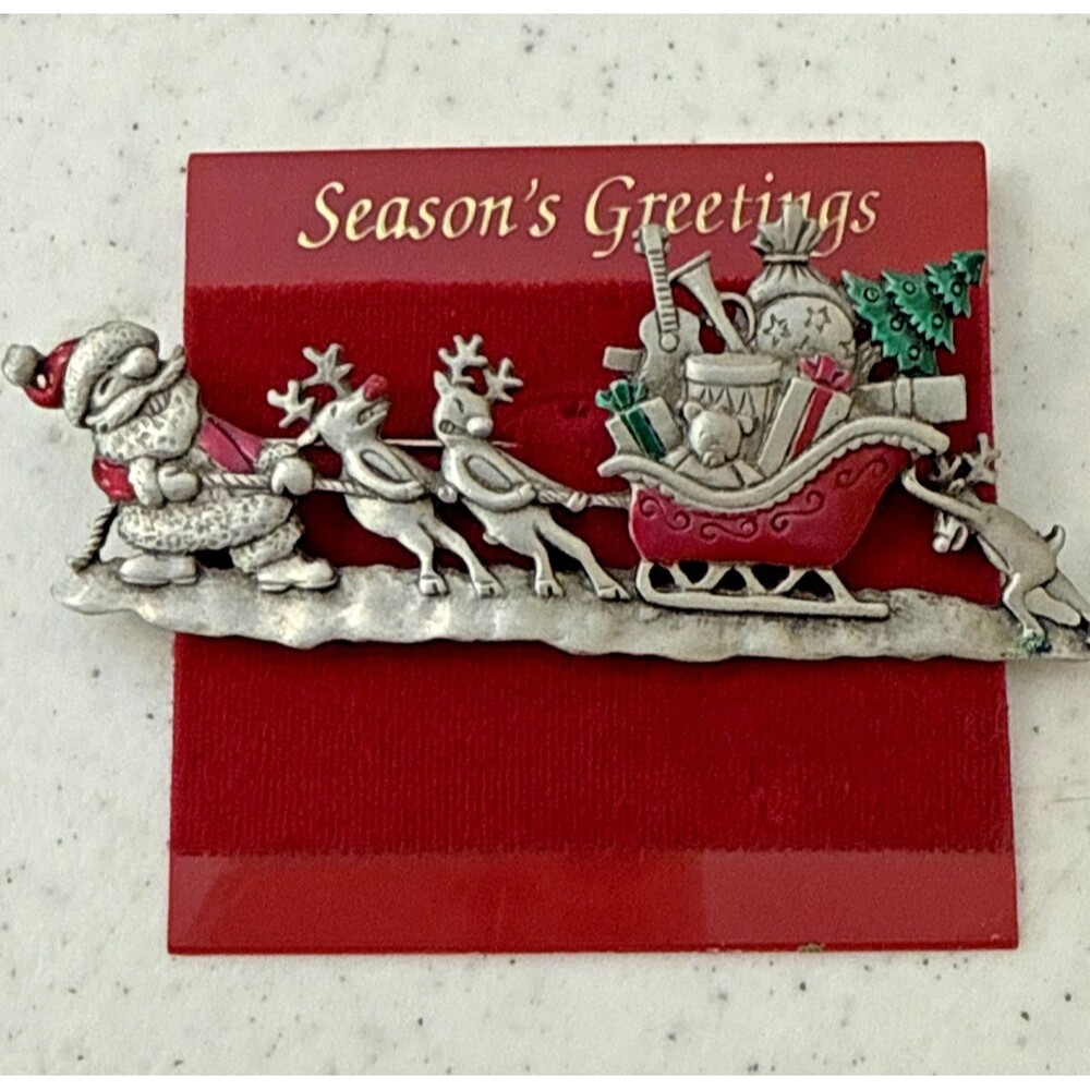Vintage Brooch Pin SIGNED JJ Santa Claus Christmas Silver tone Jewelry